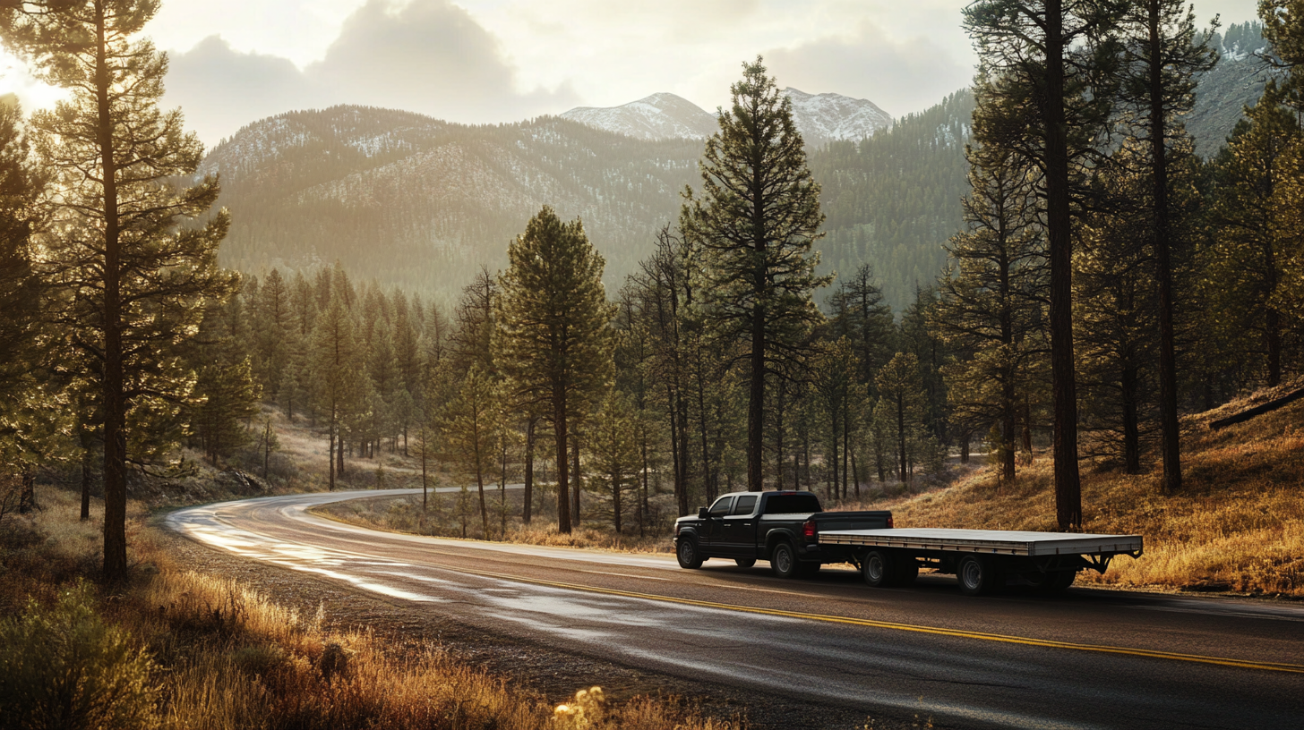 Black pickup truck towing a flatbed trailer on a scenic mountain road lined with pine trees at sunset.